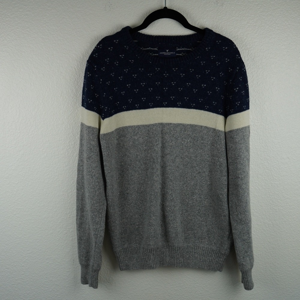 American Eagle‎ Outfitters Sweater Size M Wool Silk Fair Isle Pattern Navy Grey